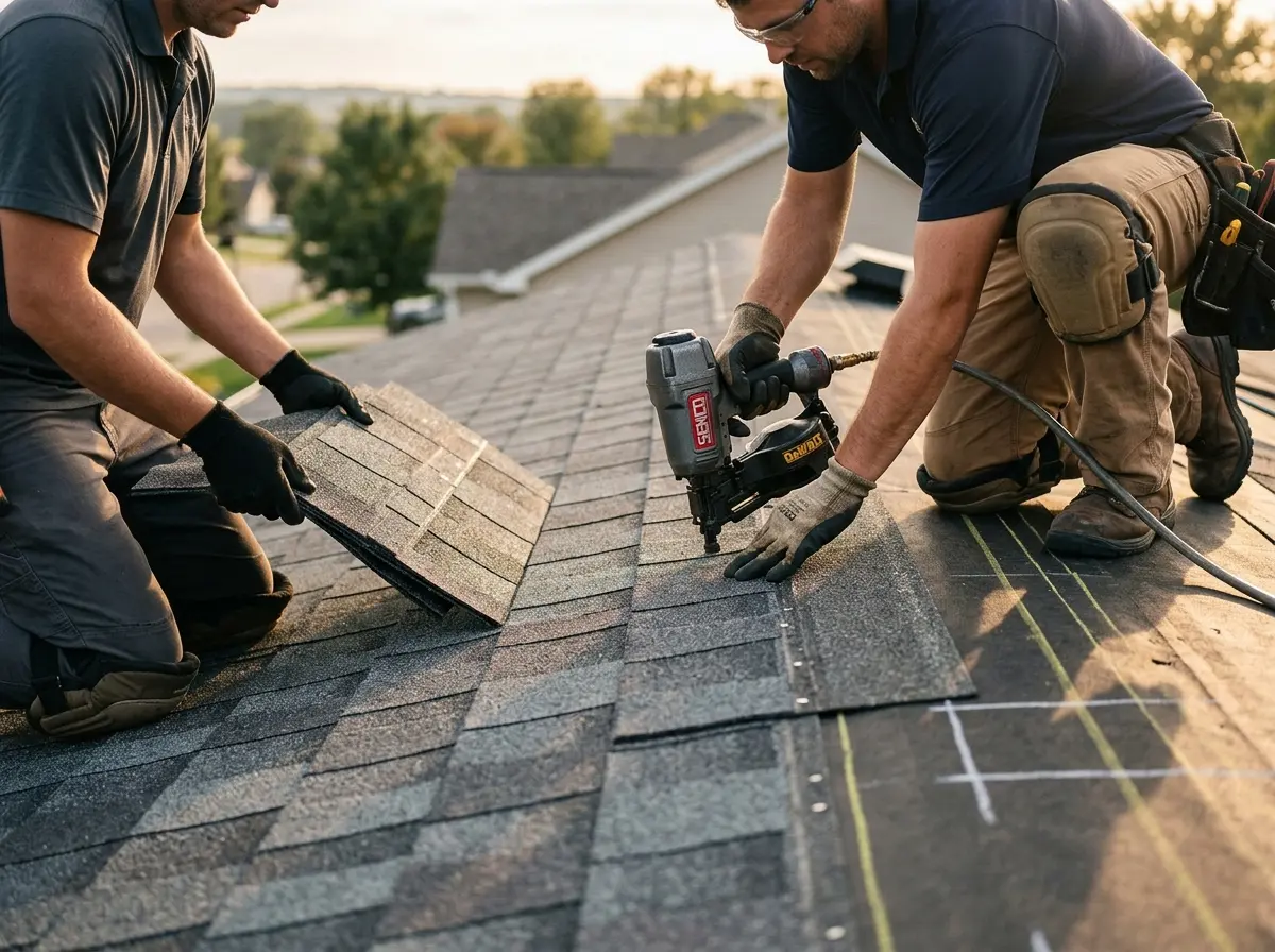 Professional roofer working on a residential roof in Marshfield